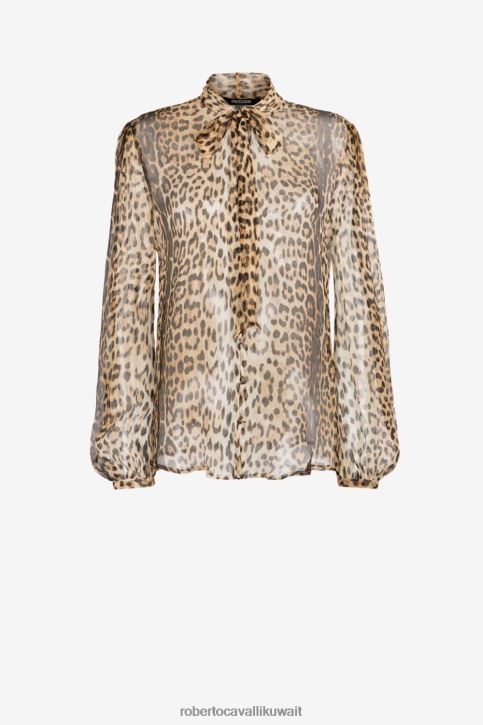 Roberto Cavalli نحيف طبيعي قميص حرير بطبعة جلد الفهد ملابس 4H40H140