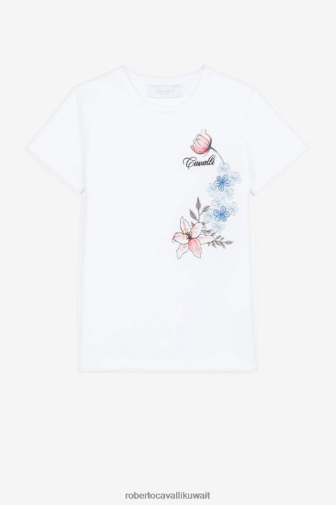 Roberto Cavalli فتيات قبالة الأبيض تيشيرت بطبعة زهور ومطرز بالشعار ملابس 4H40H1420