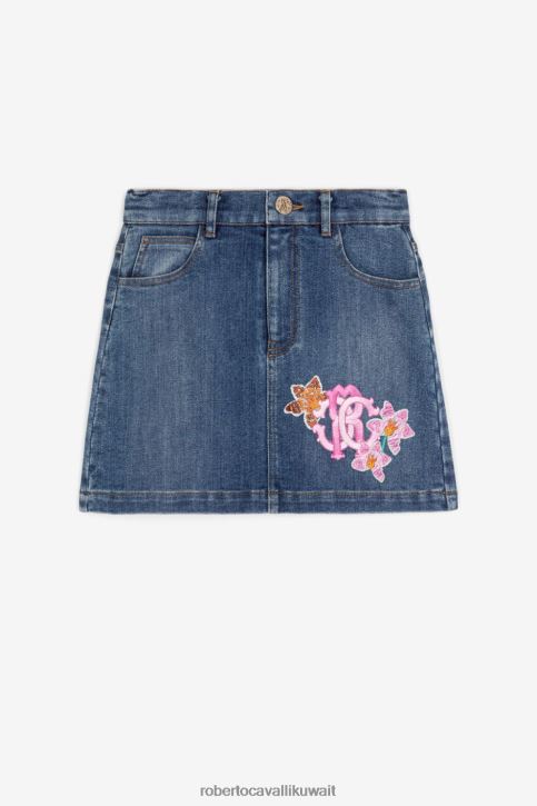Roberto Cavalli فتيات ازرق متوسط تنورة جينز بطبعة زهور وشعار الماركة ملابس 4H40H1421