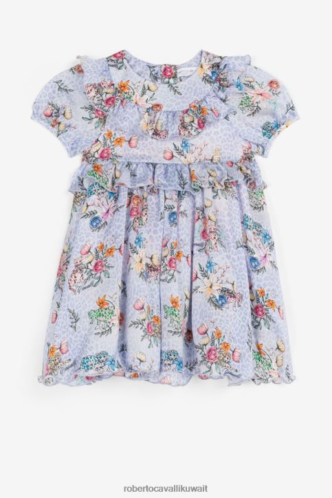 Roberto Cavalli فتيات متعدد الألوان فستان حريري بطبعات جاكوار وزهور ملابس 4H40H1426