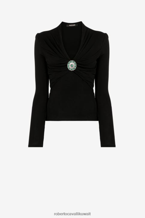 Roberto Cavalli نحيف أسود قمة مجمعة مزينة ملابس 4H40H143