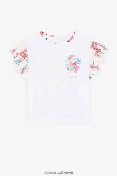Roberto Cavalli فتيات قبالة الأبيض تي شيرت قطن بطبعة زهور ملابس 4H40H1431
