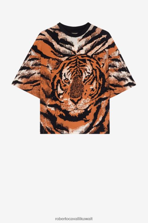 Roberto Cavalli نحيف أوكر تيشيرت قطن بطبعة النمر ملابس 4H40H145