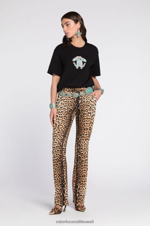 Roberto Cavalli نحيف أوكر تيشيرت قطن بطبعة النمر ملابس 4H40H145