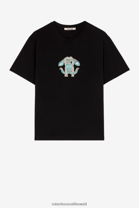 Roberto Cavalli نحيف أسود تيشيرت قطن بطبعة ثعبان مرآة ملابس 4H40H146