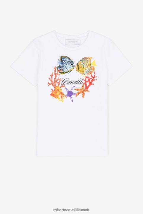 Roberto Cavalli فتيات قبالة الأبيض تيشيرت بطبعة سمكة وشعار الماركة ملابس 4H40H1474