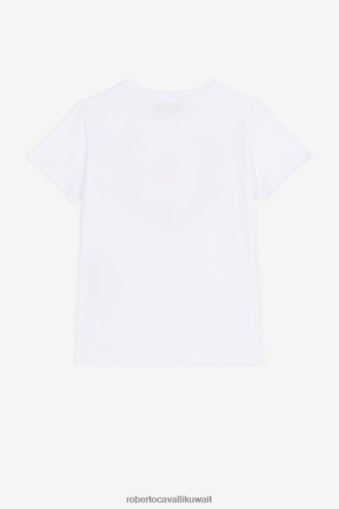 Roberto Cavalli فتيات قبالة الأبيض تيشيرت بطبعة سمكة وشعار الماركة ملابس 4H40H1474