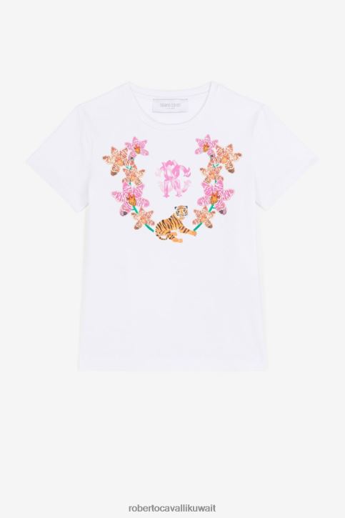 Roberto Cavalli فتيات قبالة الأبيض تيشيرت بطبعة زهور وشعار الماركة ملابس 4H40H1475