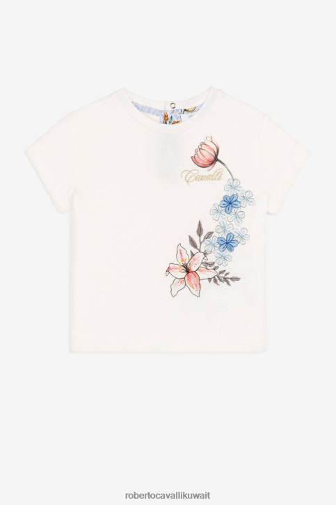Roberto Cavalli فتيات أزرق تيشيرت بطبعة زهور ومطرز بالشعار ملابس 4H40H1489