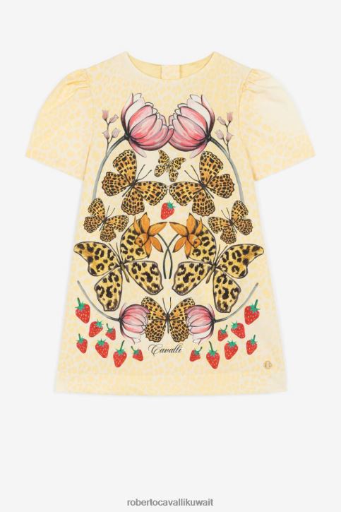 Roberto Cavalli فتيات أصفر فستان من القطن بطبعات الفراشة والفراولة ملابس 4H40H1497