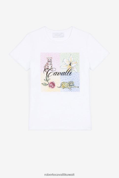 Roberto Cavalli فتيات قبالة الأبيض تيشيرت بطبعة شعار ملابس 4H40H1504