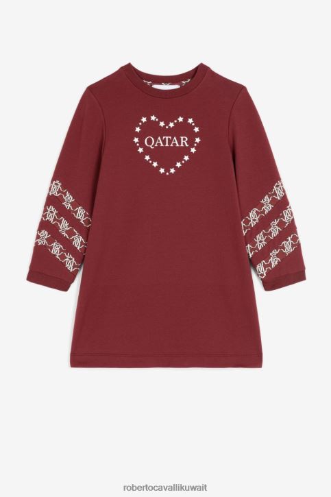 Roberto Cavalli فتيات بوردو فستان من القطن المرن بطبعة قلب ملابس 4H40H1514