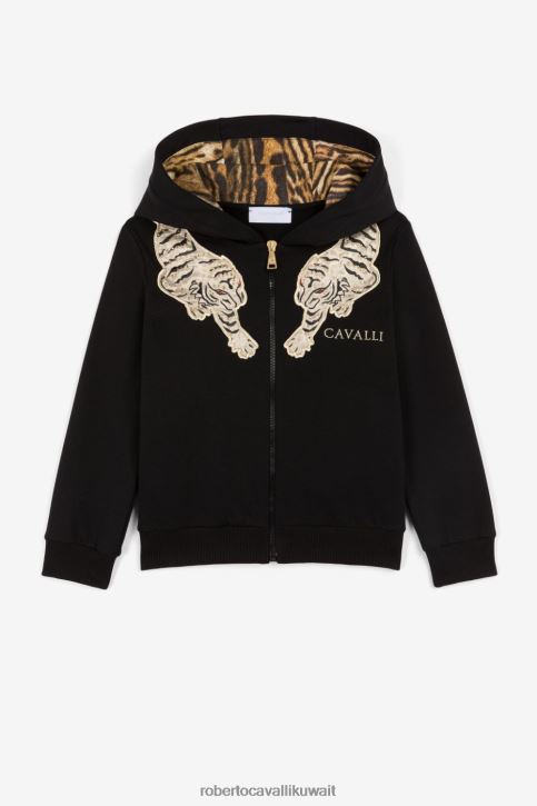 Roberto Cavalli فتيات أسود هودي بسحاب وأبليكة نمر ملابس 4H40H1522