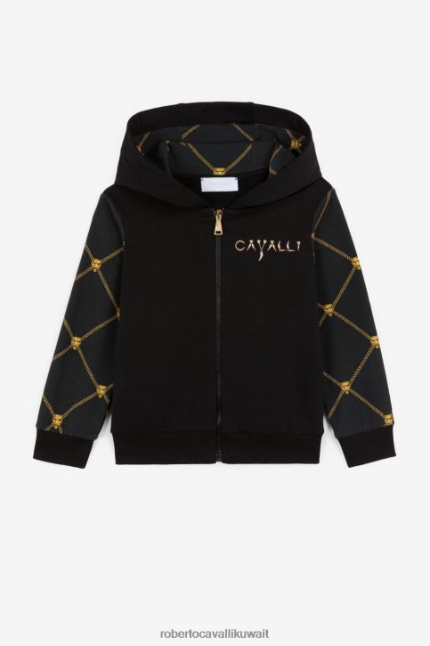 Roberto Cavalli فتيات أسود هودي بسحاب ورأس النمر وطبعة سلسلة ملابس 4H40H1526