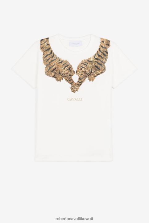 Roberto Cavalli فتيات البصرية الأبيض تيشيرت بطبعة النمر ملابس 4H40H1529