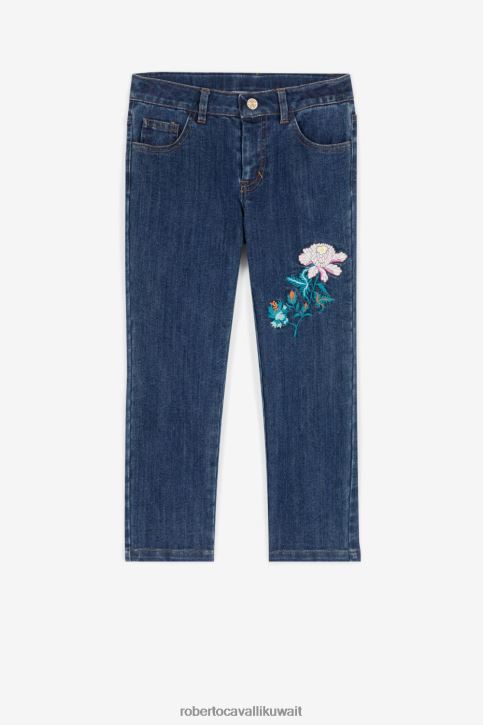 Roberto Cavalli فتيات ازرق متوسط جينز مطرز بالزهور ملابس 4H40H1550
