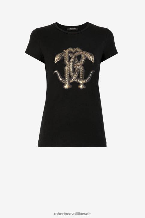 Roberto Cavalli نحيف الذهب الأسود تيشيرت قطن بطبعة جلد الثعبان ملابس 4H40H157