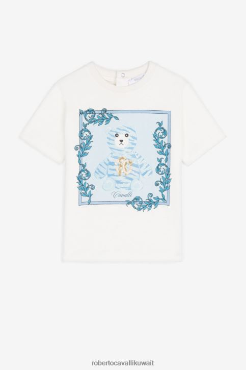 Roberto Cavalli أولاد بيانكو تيشيرت قطن بطبعة دب ملابس 4H40H1575