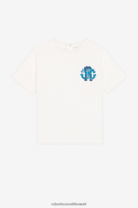 Roberto Cavalli أولاد بيانكو تيشيرت من القطن بطبعة مونوغرام ملابس 4H40H1576
