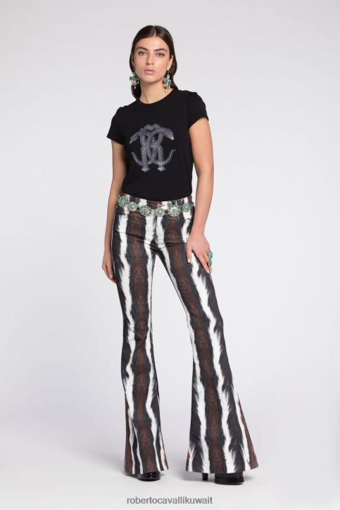 Roberto Cavalli نحيف الذهب الأسود تيشيرت قطن بطبعة جلد الثعبان ملابس 4H40H157