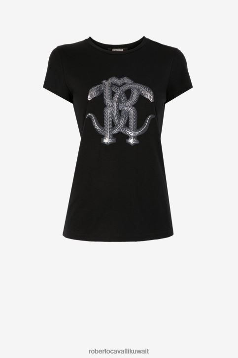 Roberto Cavalli نحيف أسود/بلاديوم تيشيرت بطبعة ثعبان مرآة ملابس 4H40H158