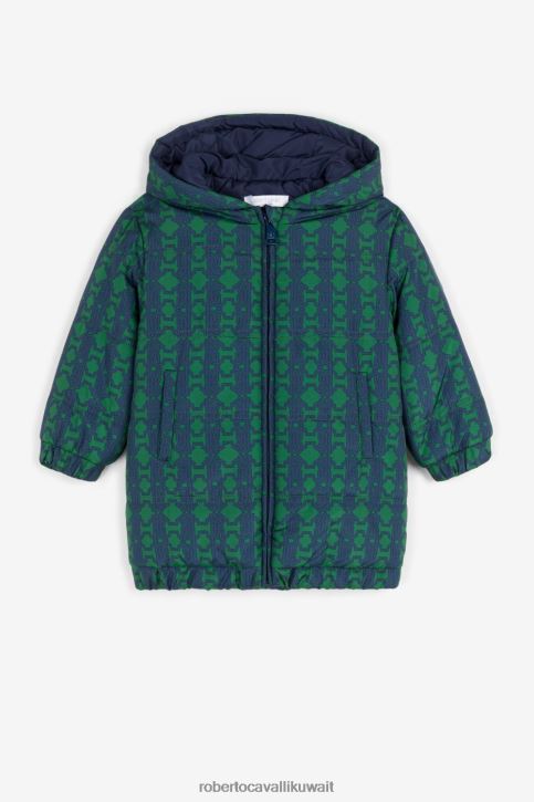 Roberto Cavalli أولاد أزرق أخضر معطف مبطن بطبعة مونوغرام ملابس 4H40H1581