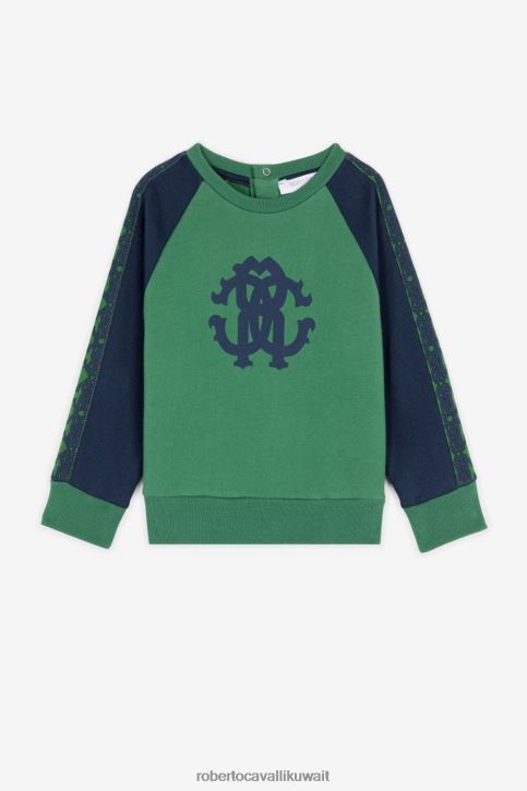 Roberto Cavalli أولاد أزرق أخضر سويت شيرت من القطن بطبعة مونوغرام ملابس 4H40H1582
