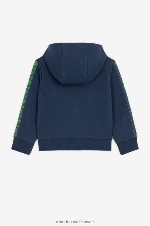 Roberto Cavalli أولاد أزرق أخضر سويت شيرت من القطن بطبعة مونوغرام ملابس 4H40H1582