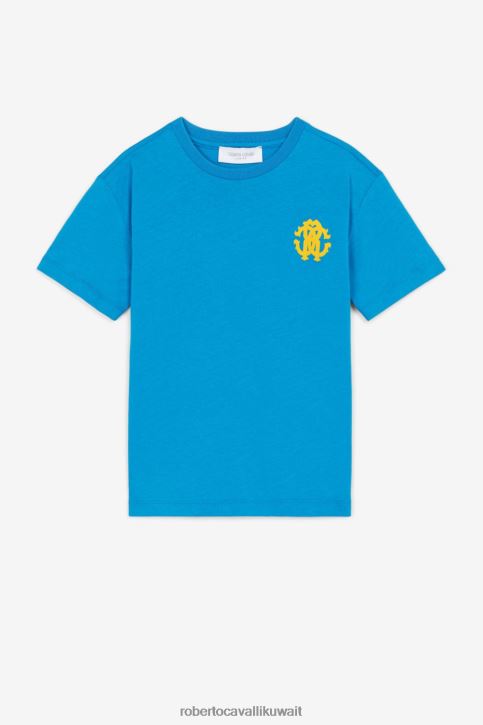 Roberto Cavalli أولاد أزرق سماوي تيشيرت بطبعة مونوغرام ملابس 4H40H1586
