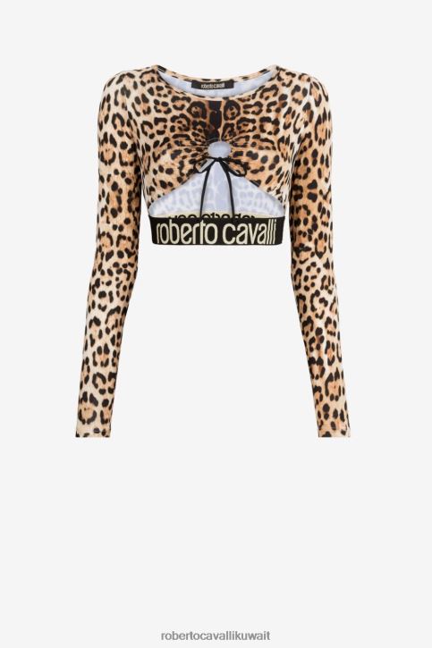 Roberto Cavalli نحيف طبيعي بلوزة قصيرة بطبعات جاكوار ملابس 4H40H159