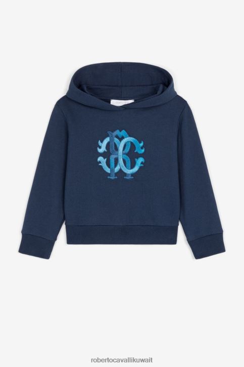 Roberto Cavalli أولاد الأزرق الداكن كنزة بغطاء رأس من القطن بنقش مونوغرام ملابس 4H40H1592