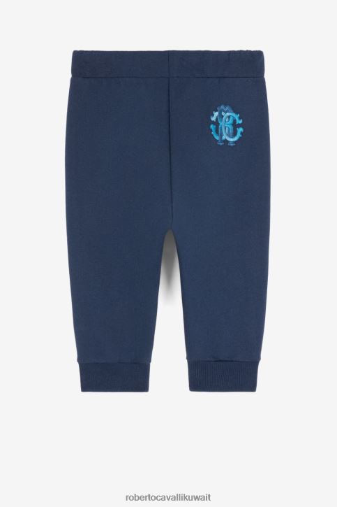 Roberto Cavalli أولاد الأزرق الداكن كنزة بغطاء رأس من القطن بنقش مونوغرام ملابس 4H40H1592