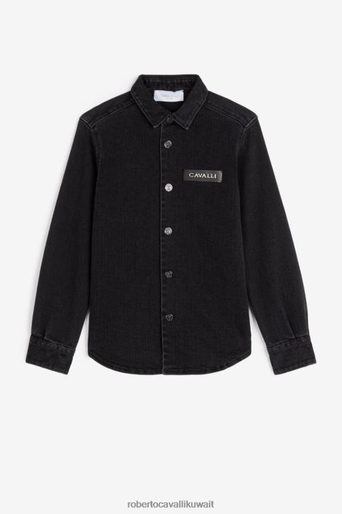 Roberto Cavalli أولاد أسود قميص جينز بشارة شعار الماركة ملابس 4H40H1597