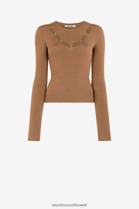 Roberto Cavalli نحيف بني بلوزة محبوكة بفتحات ملابس 4H40H160
