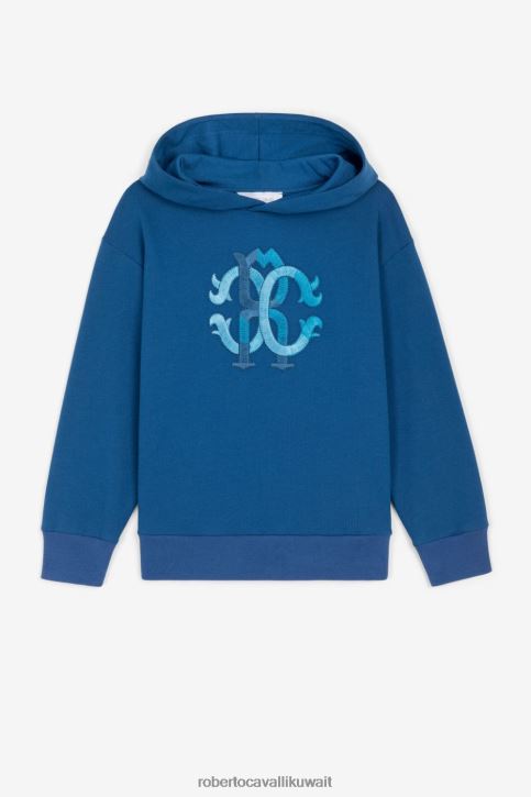 Roberto Cavalli أولاد أسود / عسكري كنزة بغطاء رأس من القطن بنقش مونوغرام ملابس 4H40H1600