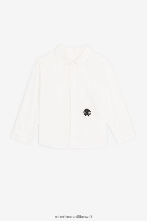 Roberto Cavalli أولاد البصرية الأبيض قميص قطني مطرز بنقش مونوغرام ملابس 4H40H1602