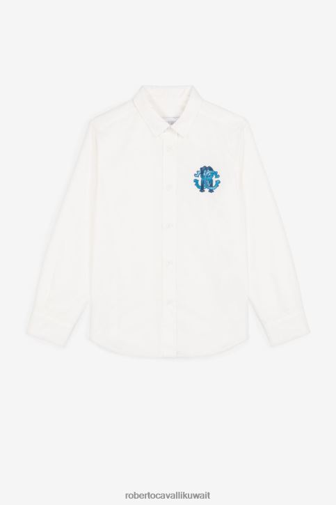 Roberto Cavalli أولاد البصرية الأبيض قميص قطني بطبعة مونوغرام ملابس 4H40H1604