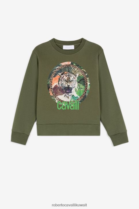 Roberto Cavalli أولاد الأخضر العسكري كنزة قطن بطبعة نمر ملابس 4H40H1605