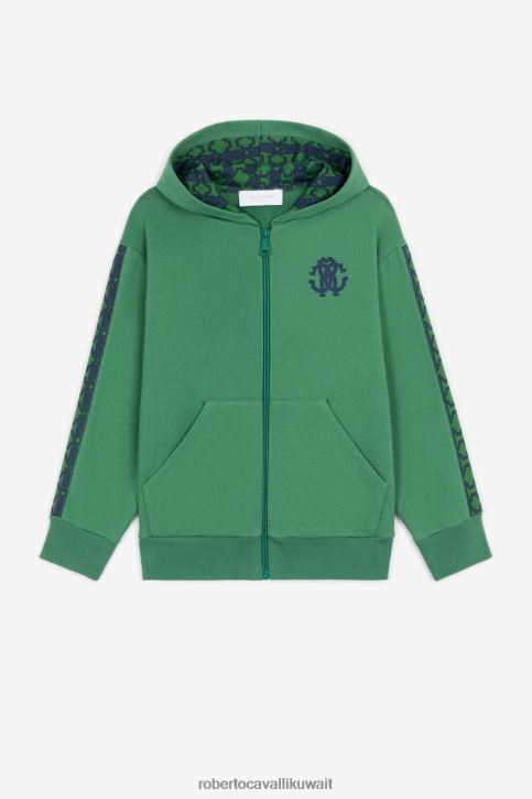 Roberto Cavalli أولاد أخضر كنزة بغطاء رأس من القطن بنقش مونوغرام ملابس 4H40H1609
