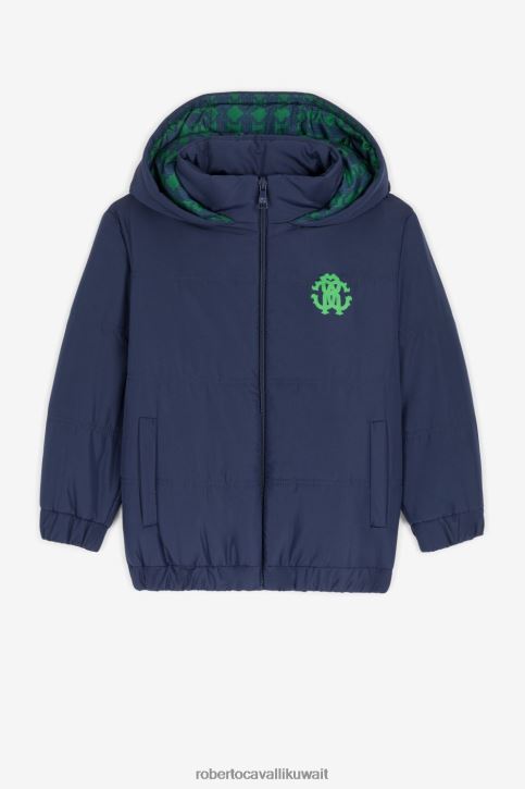 Roberto Cavalli أولاد أسود / عسكري معطف مبطن بطبعة مونوغرام ملابس 4H40H1615