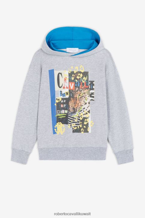 Roberto Cavalli أولاد مزيج رمادي غامق هودي بطبعة كولاج ملابس 4H40H1617