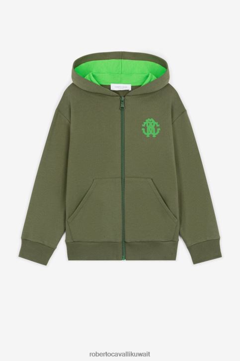 Roberto Cavalli أولاد الأخضر العسكري كنزة بغطاء رأس من القطن بنقش مونوغرام ملابس 4H40H1618