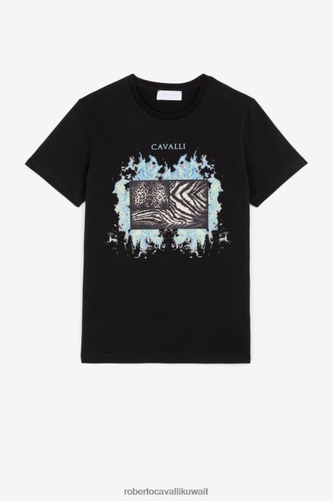 Roberto Cavalli أولاد أسود تي شيرت مرقع على شكل حيوانات وطبعة لهب ملابس 4H40H1619