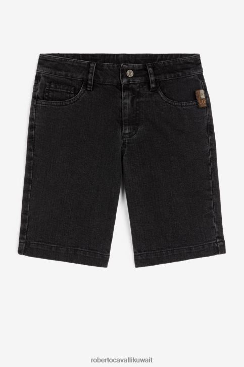 Roberto Cavalli أولاد أسود شورت جينز ببروش الشعار ملابس 4H40H1627