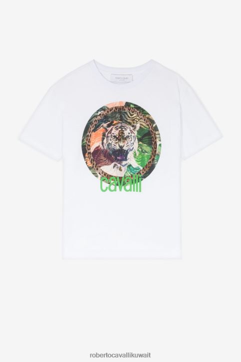 Roberto Cavalli أولاد قبالة الأبيض تيشيرت قطن بطبعة النمر ملابس 4H40H1629
