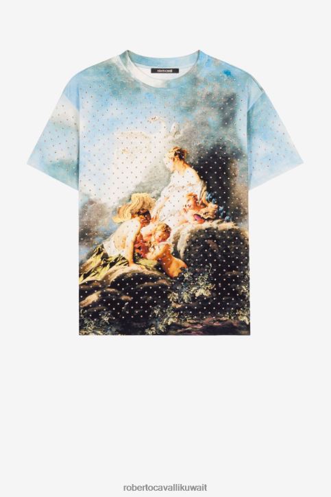 Roberto Cavalli نحيف متعدد الألوان تي شيرت بطباعة لوحة كريستالية ملابس 4H40H164
