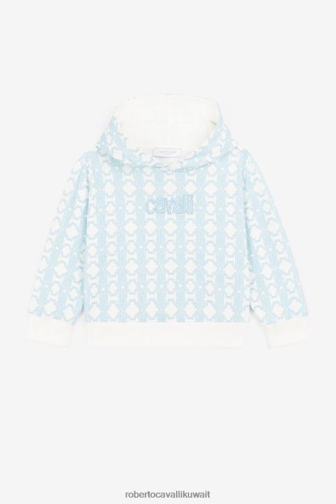 Roberto Cavalli أولاد ازرق فاتح هودي من القطن بطبعة مونوغرام ملابس 4H40H1666