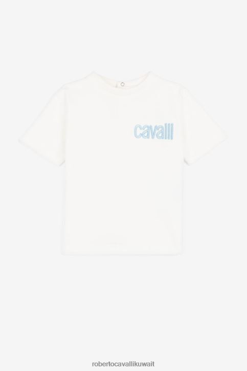 Roberto Cavalli أولاد أزرق تيشيرت قطن مطرز بشعار الماركة ملابس 4H40H1673
