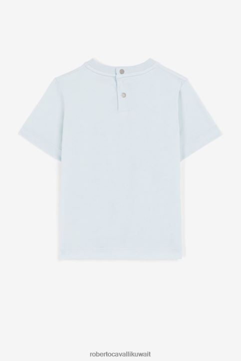 Roberto Cavalli أولاد أزرق تيشيرت قطن مطرز بشعار الماركة ملابس 4H40H1673