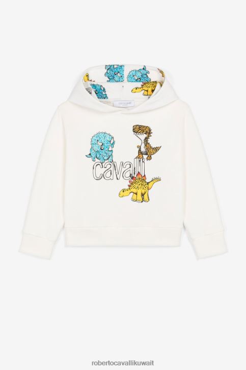 Roberto Cavalli أولاد أزرق هودي قطن بطبعة ديناصور وشعار الماركة ملابس 4H40H1677